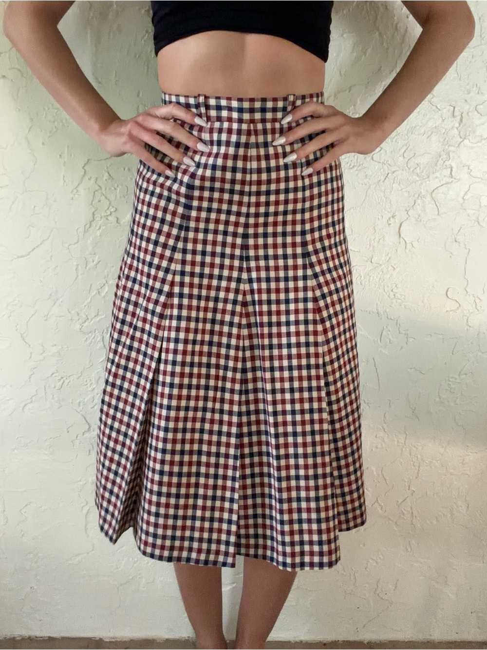 Aquascutum London Red, Navy and Cream Plaid A-Line Skirt
